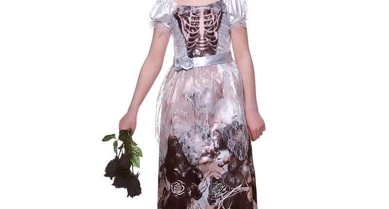 Skeleton bruidsjurk Eva voor meisjes met ribbenkastprint en rozenprint op de rok, voor Halloween