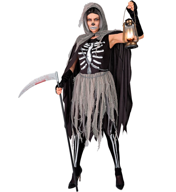 Skelety grimreaper jurk dames met zilvergrijze ribbenkastprint en ketting om het middel