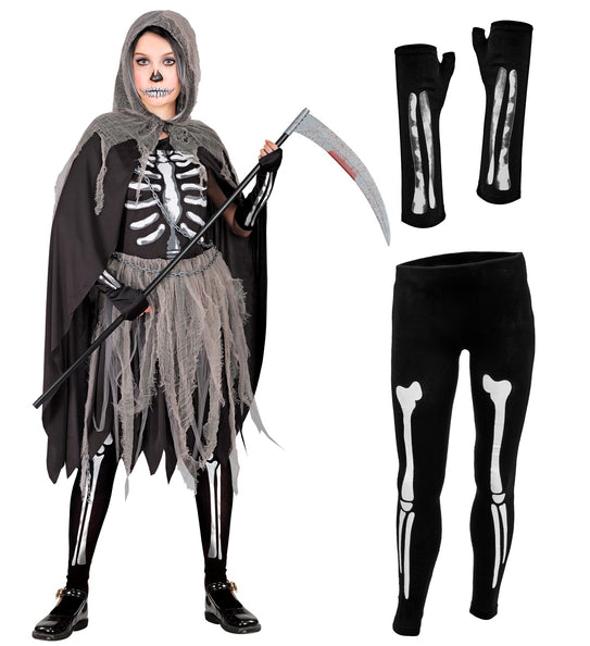 Skelety kinderkostuum met losse panty met botprint en vingerloze handschoenen naast de complete look