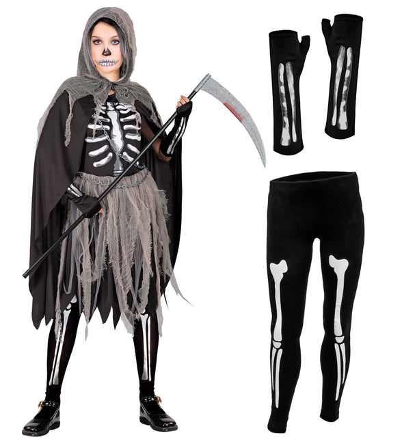 Skelety kinderkostuum met losse panty met botprint en vingerloze handschoenen naast de complete look
