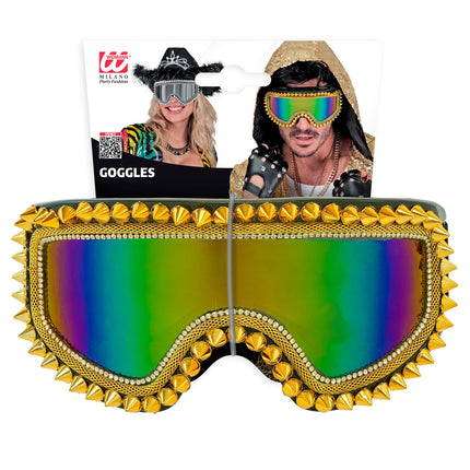Ski-bril 80's goud Anouk op verpakkingskaart, feestbril met gouden studs en regenbooglens