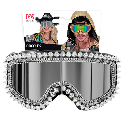 Ski-bril 80's zilver Maud op ophangkaart van Widmann, feestbril met studs