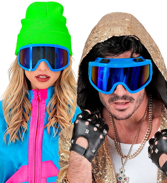 Skibril blauw gedragen door dame en heer bij een jaren 80-feestlook