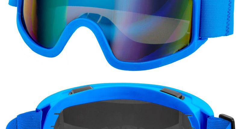 Skibril blauw met spiegelend glas en blauwe elastieken band, zij- en achteraanzicht