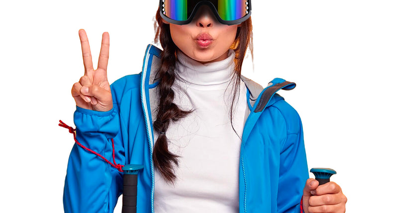 Skibril met strass gedragen op een muts, zwart montuur met regenboog spiegelglas voor après-ski