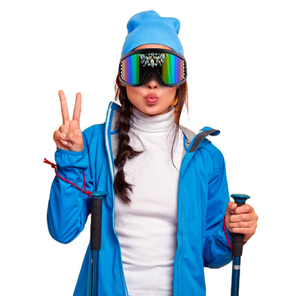 Skibril met strass gedragen op een muts, zwart montuur met regenboog spiegelglas voor après-ski