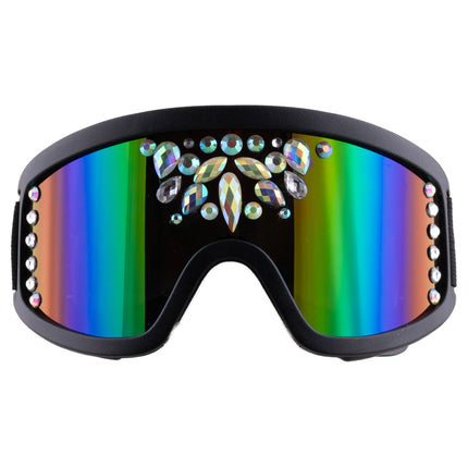Skibril zwart met regenboog spiegelglas en bloemvormige strass steentjes boven de neus