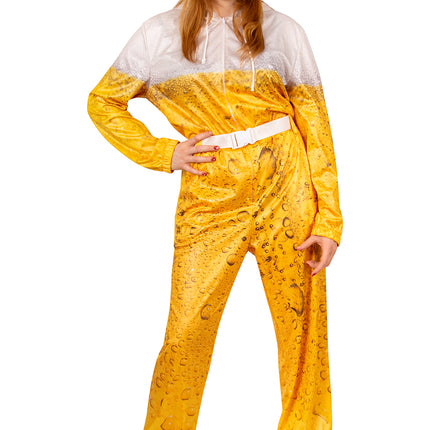 Skioverall bier voor dames, gele bierprint met bruine belletjes, voor een bierfeest