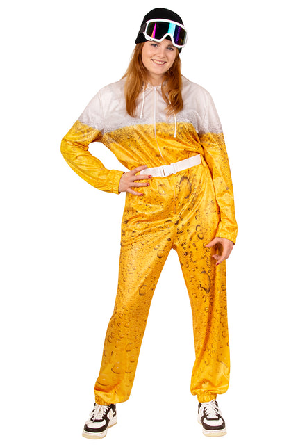 Skioverall bier voor dames, gele bierprint met bruine belletjes, voor een bierfeest