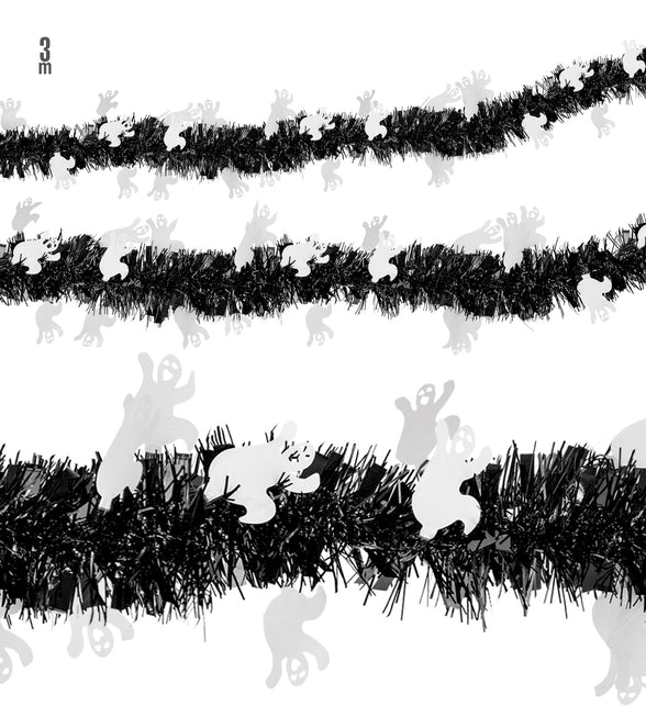 Slinger met geestjes in zwart tinsel, 3 meter lang, met witte spookjes langs de hele lengte