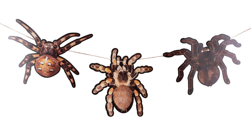 Slinger spin met drie bruin-zwarte papieren spinnen aan een koord voor Halloween