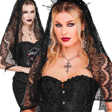 Sluier zwart kant dames gedragen bij een gothic bruidslook met zwart korset