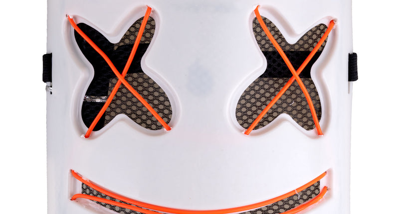 Smiley masker wit van pvc met oranje neon X-ogen en brede glimlach voor themafeest