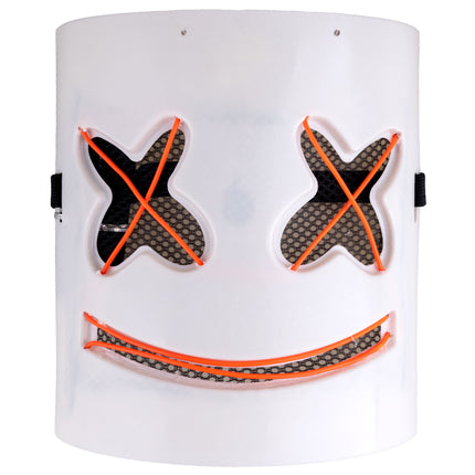 Smiley masker wit van pvc met oranje neon X-ogen en brede glimlach voor themafeest