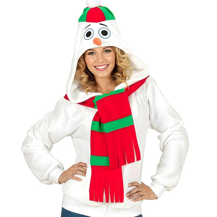 Sneeuwpop pak unisex op een dame, kap met grote ogen en rood-groen kapje met witte pompon