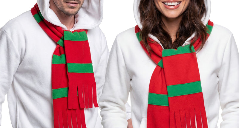 Sneeuwpop pak unisex voor dames en heren, witte capuchonjas met wortelneus en rood-groene sjaal