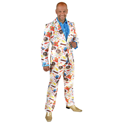 Snoep kleurrijk kostuum heren, witte jas en broek met print van donuts, cupcakes en gombeestjes voor carnaval