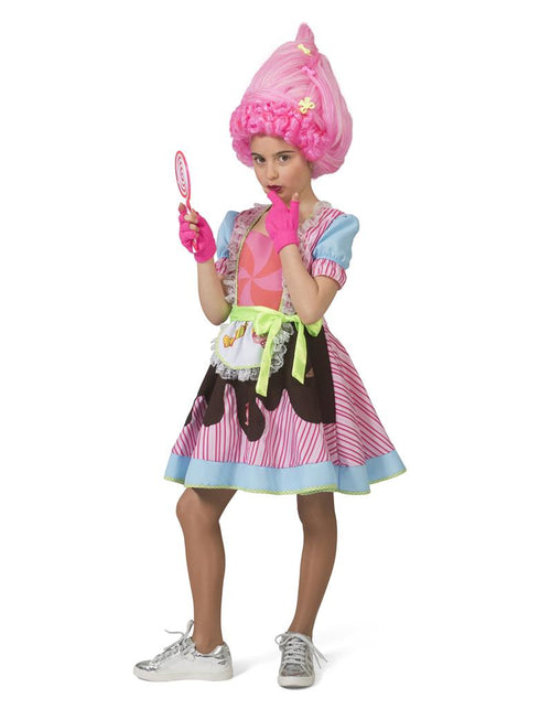 Snoepmeisje jurkje Christy in roze met snoepspiraal en chocoladeschort, voor meisjes tijdens carnaval