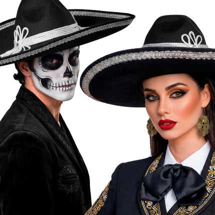 Sombrero El Charro gedragen door dame en heer bij Dia de los Muertos-look