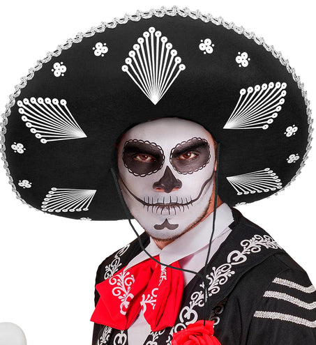 Sombrero Noah Mexico bij Day of the Dead-schedelschmink, met zwart koord onder de kin
