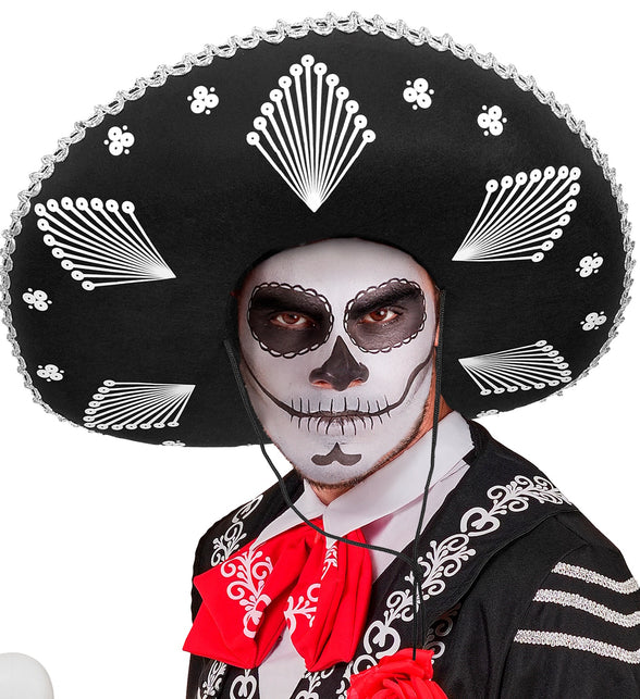 Sombrero Noah Mexico bij Day of the Dead-schedelschmink, met zwart koord onder de kin