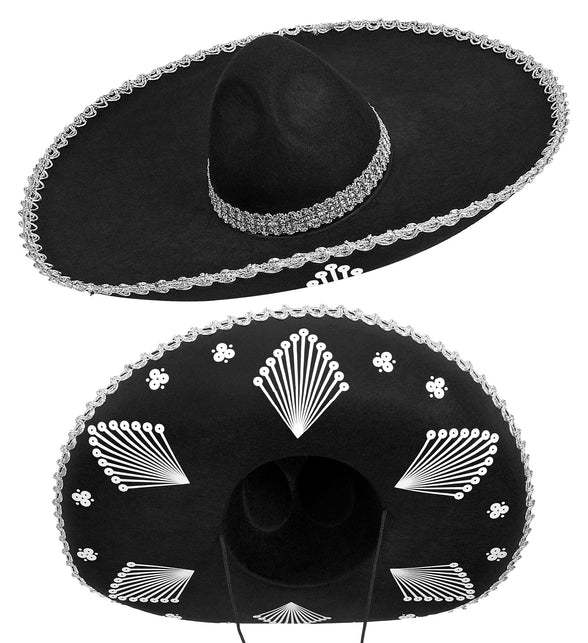 Sombrero Noah Mexico zwart met zilveren rand, boven- en onderaanzicht met witte waaiers onder de rand