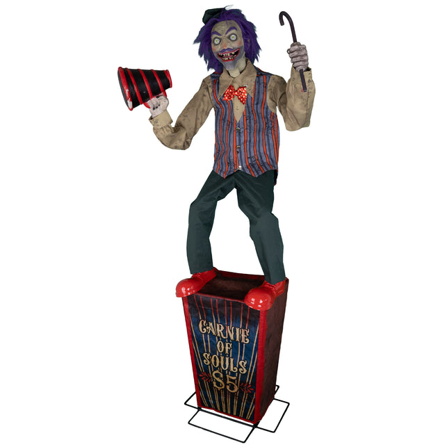 Speakin' Spencer animatronic met paars haar, gestreept vest en wandelstok voor Halloween