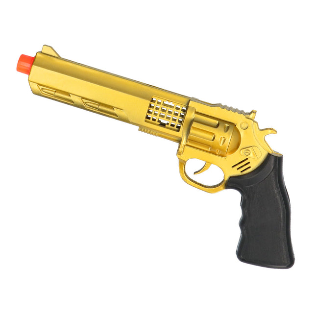 Speelgoedpistool Golden viper schuin van voren met trommel, rooster op de loop en oranje dop