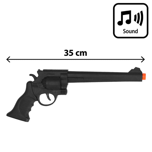 Speelgoedpistool Longshot revolver zijaanzicht met lange loop van 35 cm en geluidseffect