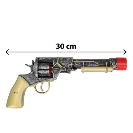 Speelgoedpistool Steamcarbine van 30 cm in zijaanzicht met open trommel en goudkleurige buis onder de loop
