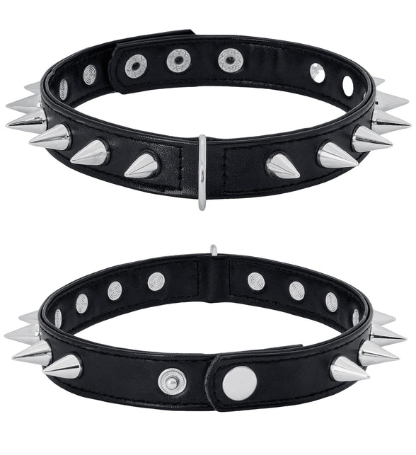 Spikes choker zwart met zilverkleurige punten, drukknoopsluiting en metalen ring