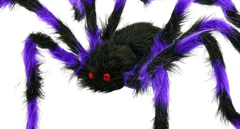 Spin met buigbare poten harig zwart-paars, 80 cm breed met rode gemogen, Halloweendecoratie