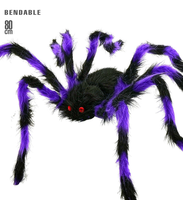 Spin met buigbare poten harig zwart-paars, 80 cm breed met rode gemogen, Halloweendecoratie