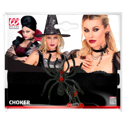 Spinnen choker in verpakking, zwarte halsband met glanzende spin voor Halloween