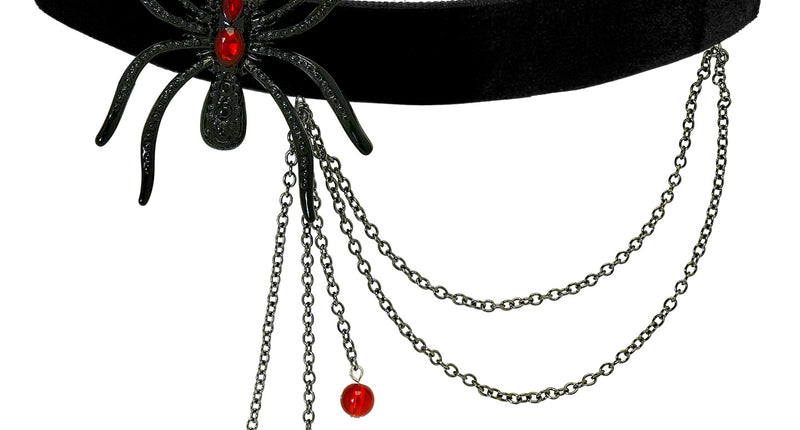 Spinnen choker van zwart fluweel met rode strass en kettinkjes met rode kraaltjes