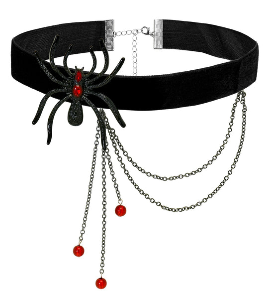 Spinnen choker van zwart fluweel met rode strass en kettinkjes met rode kraaltjes