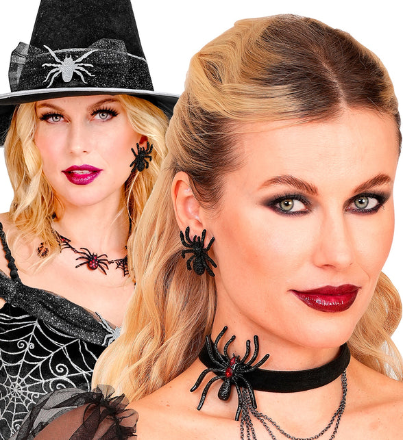 Spinnen oorbellen zwart gedragen bij een heksenlook voor Halloween