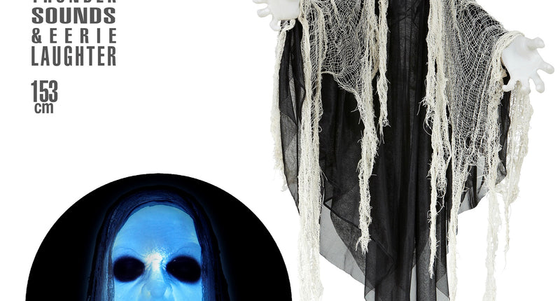 Spook decoratie 153 cm met schreeuwend wit gezicht, zwart gewaad en crèmewit gaas, inzet met blauw verlicht hoofd