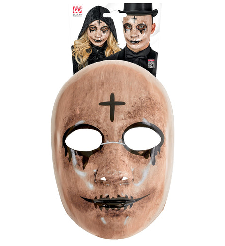 Spook masker in verpakking van Widmann, met zichtbaar koord tussen de oogopeningen