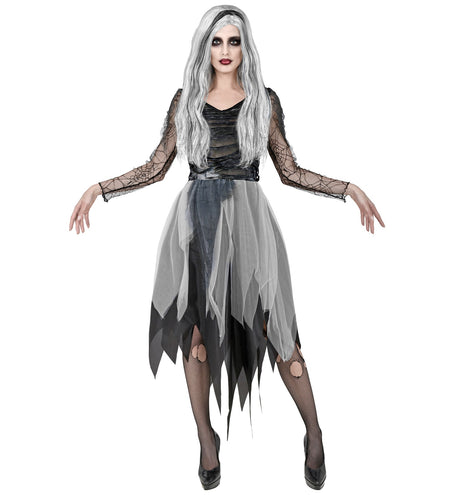 Spookachtig geest kostuum dames in grijs en zwart met gerafelde tulen rok voor Halloween