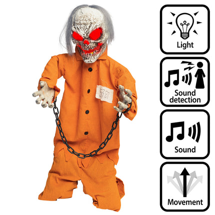 Staande decoratie Death prisoner met rode LED-ogen en ketting, met pictogrammen voor licht, geluid, sensor en beweging