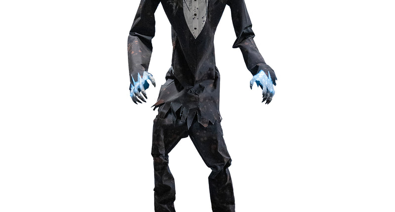 Staande zombie 230 cm met blauw oplichtende ogen, gerafeld donker kostuum en metalen voetframe voor Halloween