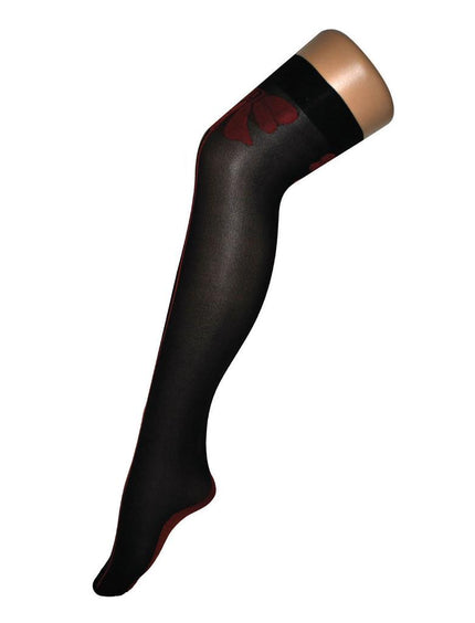 Stay-ups zwart met rode strik en rode bies langs been en voet, dijhoge kousen voor dames