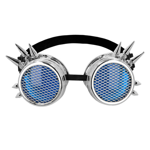 Steampunk bril Iron punk vooraanzicht met blauwe glazen achter gaas en zilveren spikes