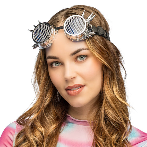 Steampunk bril Iron punk zilver met spikes, gedragen op het voorhoofd bij lang golvend haar