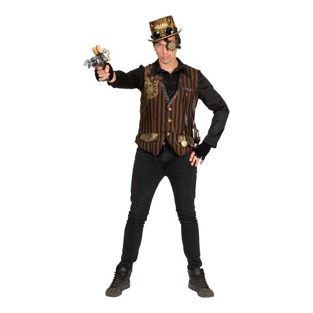 Steampunk gilet Stanley met bruine bandjes en zakhorloge aan kettinkje, gedragen over zwart hemd
