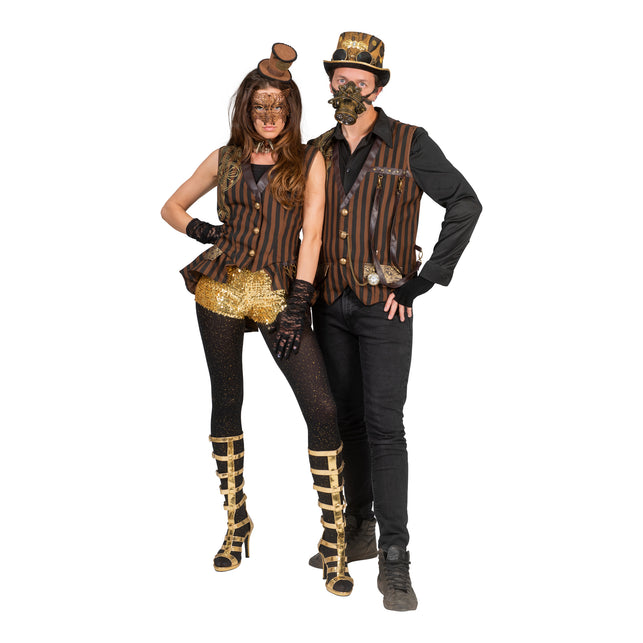 Steampunk gilet Stanley voor heren gecombineerd met hoge hoed en masker tijdens een festival