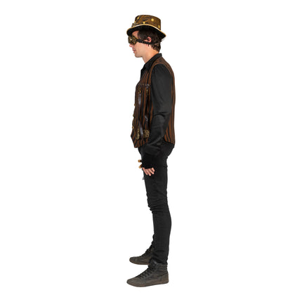 Steampunk gilet Stanley van de zijkant met verticale strepen en metalen clips