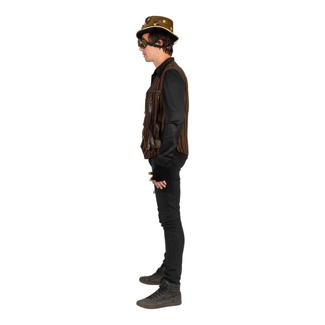 Steampunk gilet Stanley van de zijkant met verticale strepen en metalen clips