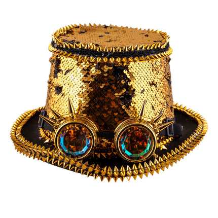 Steampunk hoed met bril, gouden pailletten met gouden spikes en goggles met facetglazen